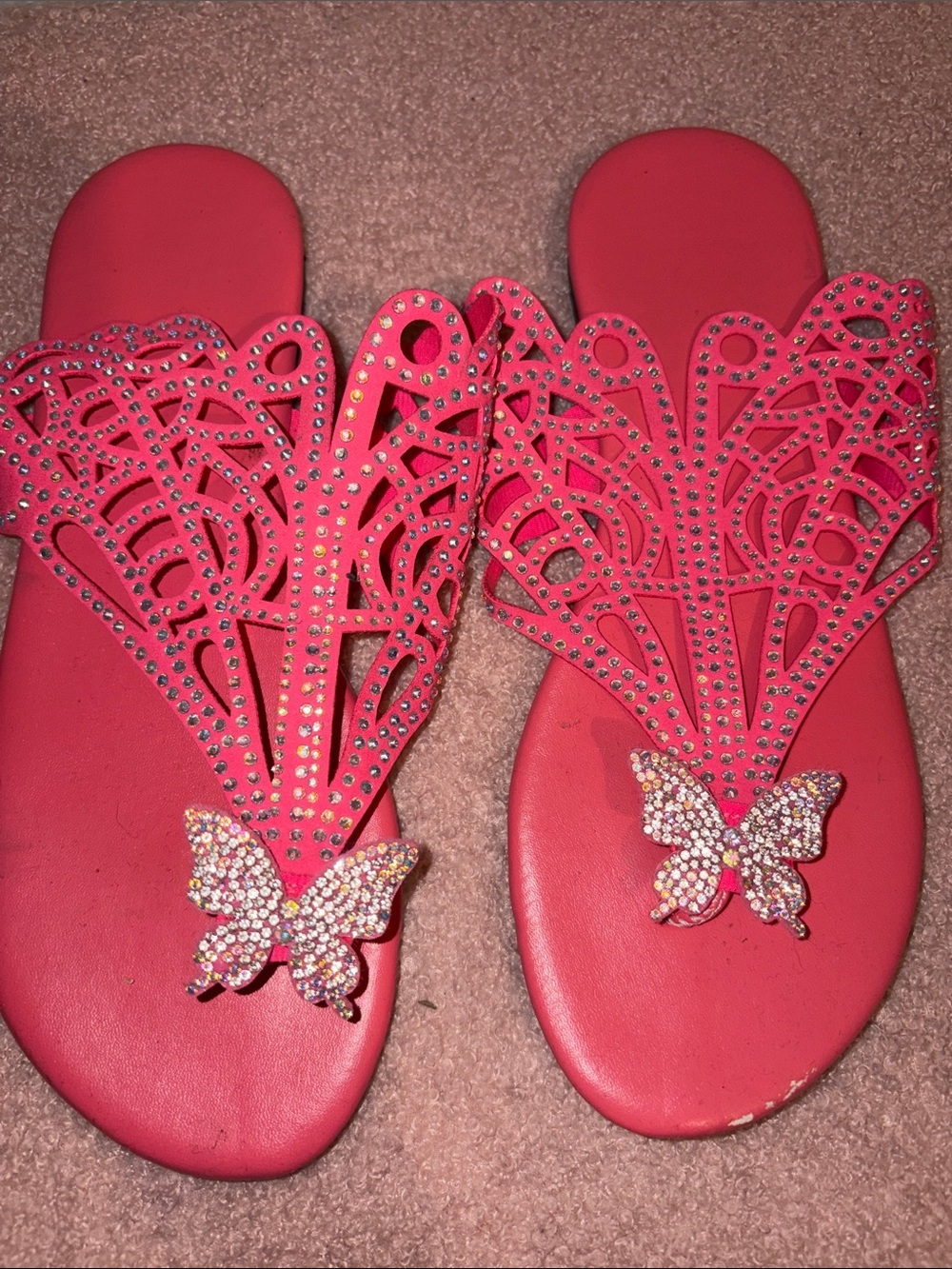 SHEIN Hot Pink Rhinestone Butterfly Cutout Slide Sandals